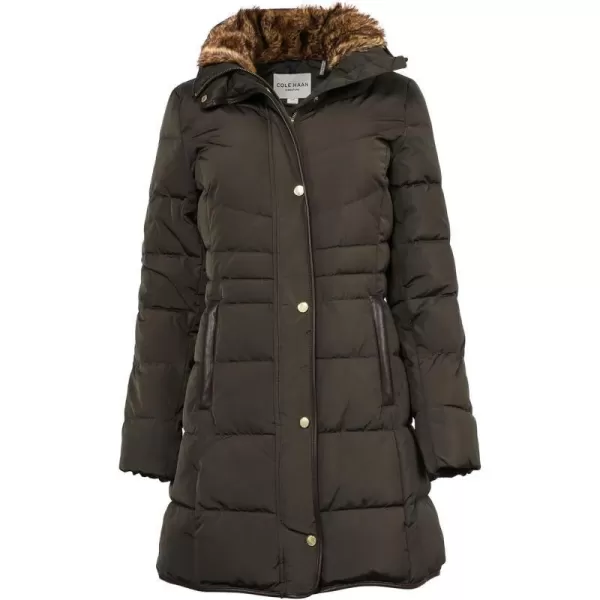 Cole Haan Womens Taffeta Down Coat with Faux Fur CollarForest