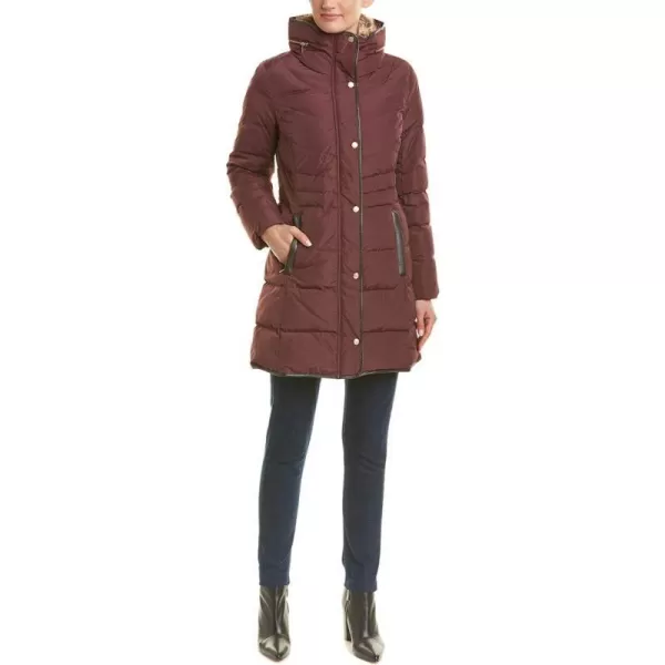 Cole Haan Womens Taffeta Down Coat with Faux Fur CollarMerlot