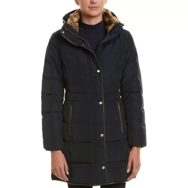 Cole Haan Womens Taffeta Down Coat with Faux Fur CollarNavy