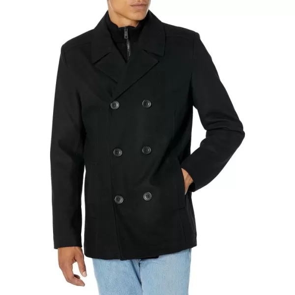 Kenneth Cole Mens Notched Lapel Wool Pea Coat Knit BibBlack