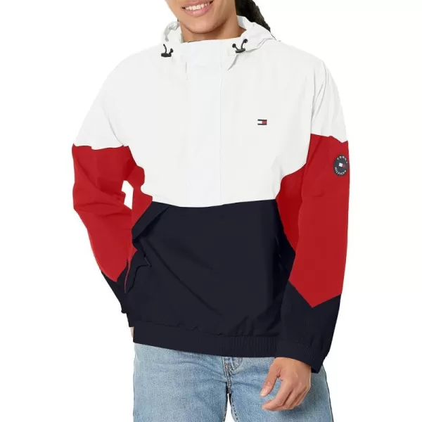 Tommy Hilfiger Mens Retro Lightweight Taslan Hooded Popover Water Resistant Windbreaker JacketTricolor MidnightIceRed