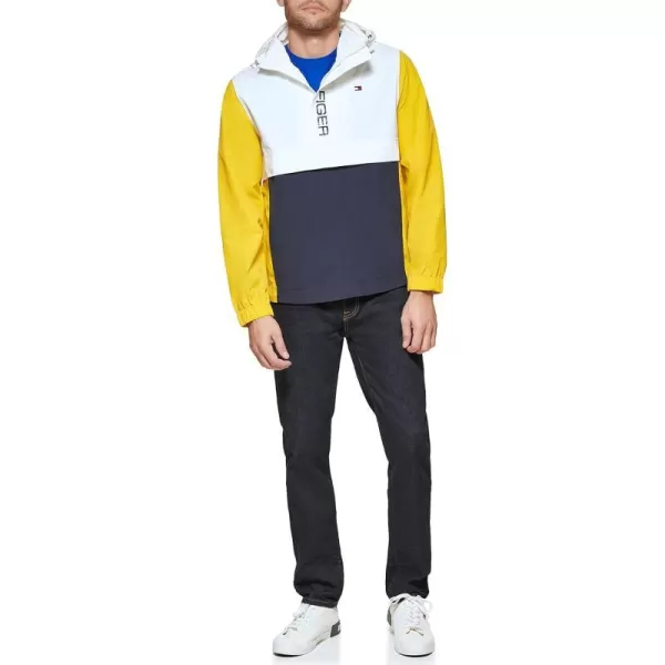 Tommy Hilfiger Mens Retro Lightweight Taslan Hooded Popover Water Resistant Windbreaker JacketYellowNavyWhite