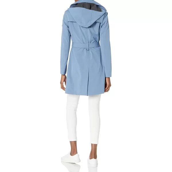 Calvin Klein Womens Double Breasted Belted Rain Jacket with Removable HoodBlue Dusk