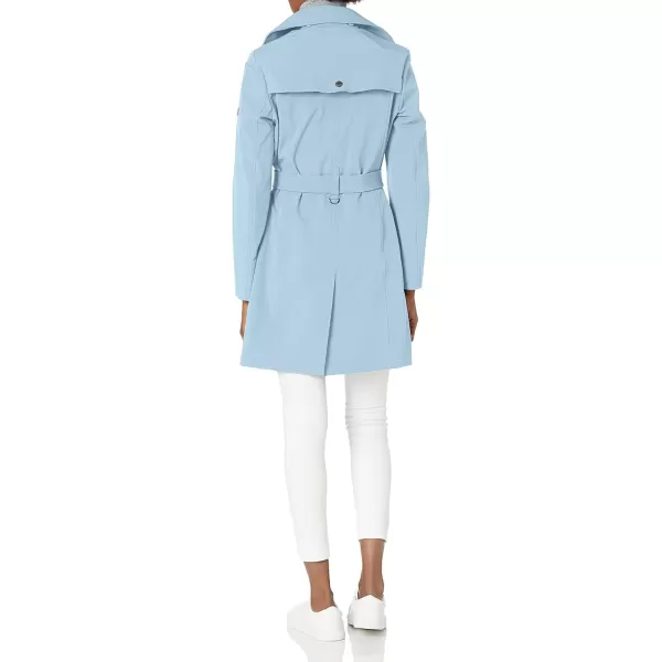 Calvin Klein Womens Double Breasted Belted Rain Jacket with Removable HoodChambray