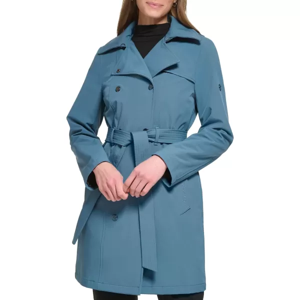 Calvin Klein Womens Double Breasted Belted Rain Jacket with Removable HoodOasis Teal