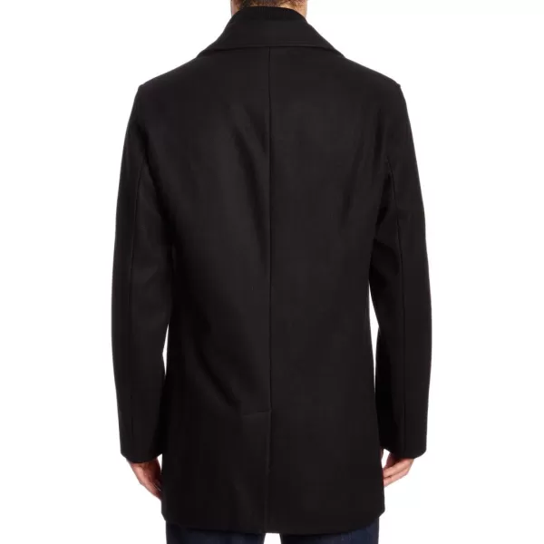 Cole Haan Mens Classic Melton Top Coat with Faux Leather DetailsBlack