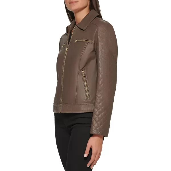 Cole Haan Womens Diamond Quilted Sleeve Shirt Collar Leather CoatStone