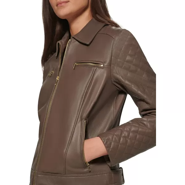 Cole Haan Womens Diamond Quilted Sleeve Shirt Collar Leather CoatStone