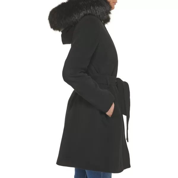 Cole Haan Womens Hooded Coat Slick Wool with Detatchable Faux Fur TrimBlack