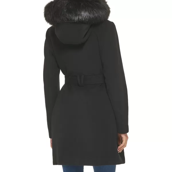 Cole Haan Womens Hooded Coat Slick Wool with Detatchable Faux Fur TrimBlack