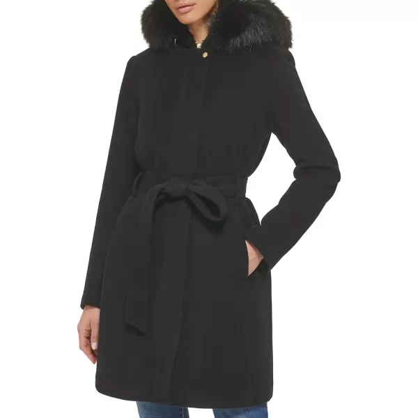 Cole Haan Womens Hooded Coat Slick Wool with Detatchable Faux Fur TrimBlack