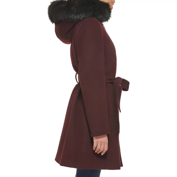 Cole Haan Womens Hooded Coat Slick Wool with Detatchable Faux Fur TrimBordeaux