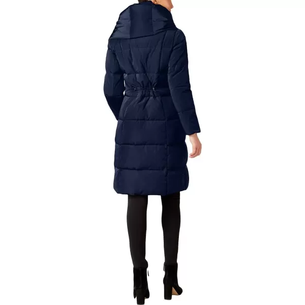 Cole Haan Womens Taffeta Down Coat With Bib Front and Dramatic HoodNavy