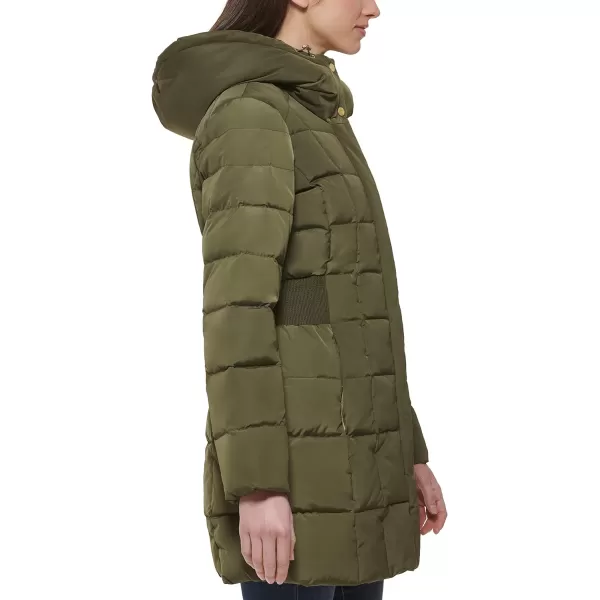 Cole Haan Womens Taffeta Down Coat with Bib Front and Dramatic Hood Olive LargeCole Haan Womens Taffeta Down Coat with Bib Front and Dramatic Hood Olive Large