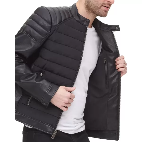 DKNY Mens Mixed Media Faux Leather Puffer Motocros Racer JacketBlack