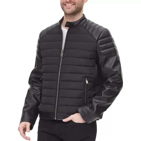 DKNY Mens Mixed Media Faux Leather Puffer Motocros Racer JacketBlack