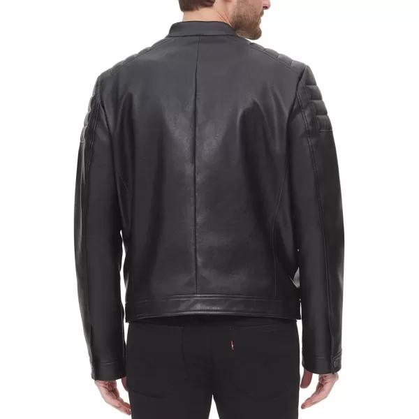 DKNY Mens Mixed Media Faux Leather Puffer Motocros Racer JacketBlack