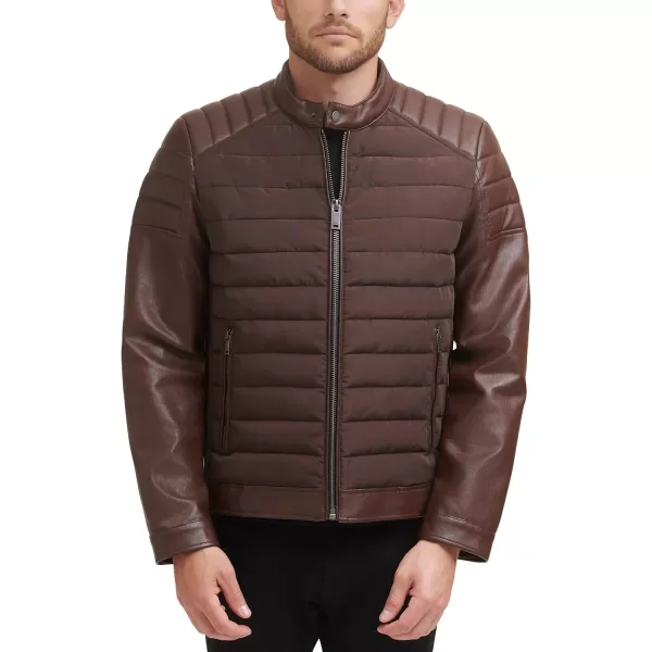 DKNY Mens Mixed Media Faux Leather Puffer Motocros Racer JacketBrown