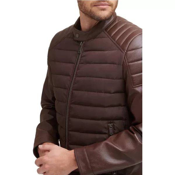 DKNY Mens Mixed Media Faux Leather Puffer Motocros Racer JacketBrown