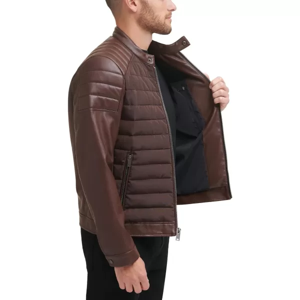 DKNY Mens Mixed Media Faux Leather Puffer Motocros Racer JacketBrown