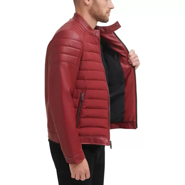 DKNY Mens Mixed Media Faux Leather Puffer Motocros Racer JacketRed