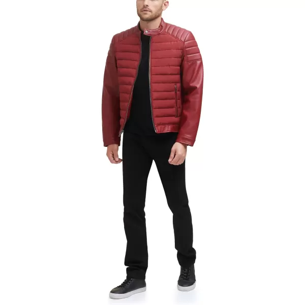 DKNY Mens Mixed Media Faux Leather Puffer Motocros Racer JacketRed