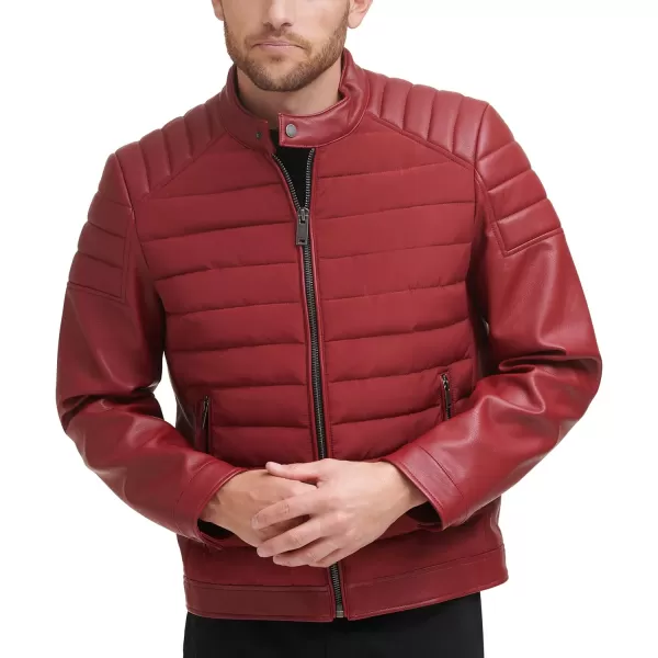 DKNY Mens Mixed Media Faux Leather Puffer Motocros Racer JacketRed