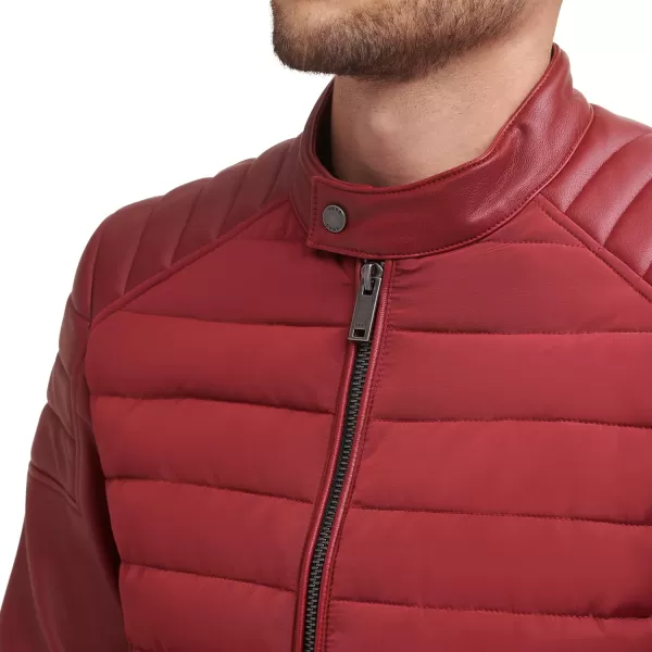 DKNY Mens Mixed Media Faux Leather Puffer Motocros Racer JacketRed