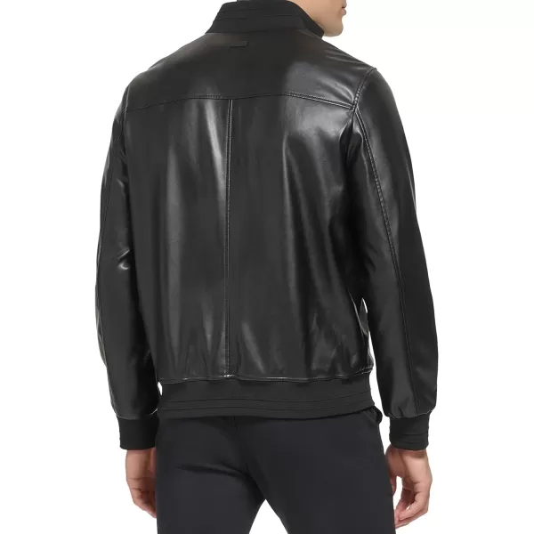 DKNY Mens Modern Knit Collar Bomber JacketBlack Smooth Lamb