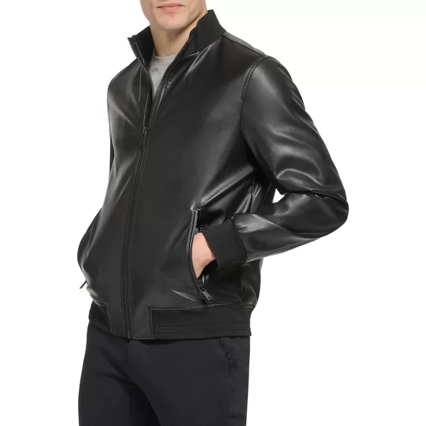 DKNY Mens Modern Knit Collar Bomber JacketBlack Smooth Lamb