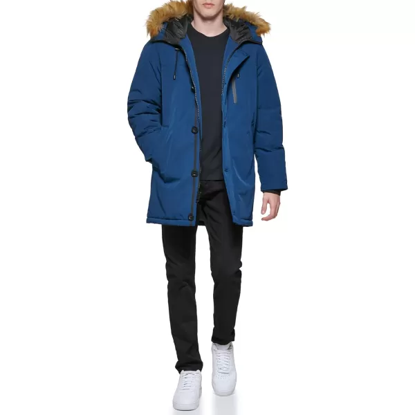 GUESS mens Heavyweight Hooded Parka Jacket With Removable Faux Fur TrimDeep Blue