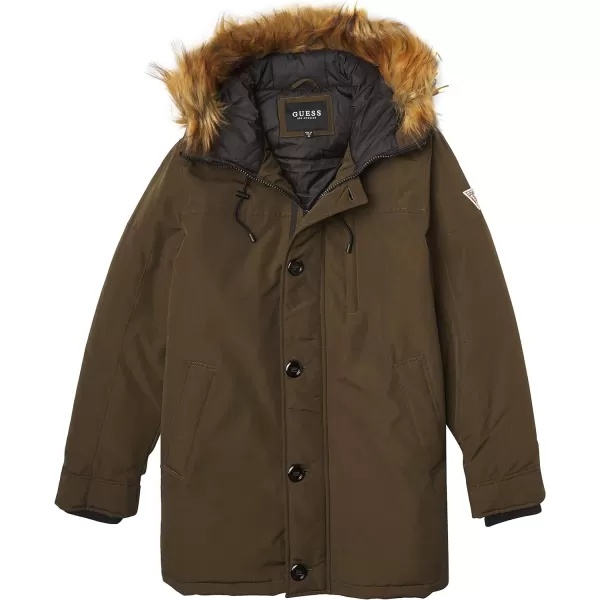 GUESS mens Heavyweight Hooded Parka Jacket With Removable Faux Fur TrimOlive