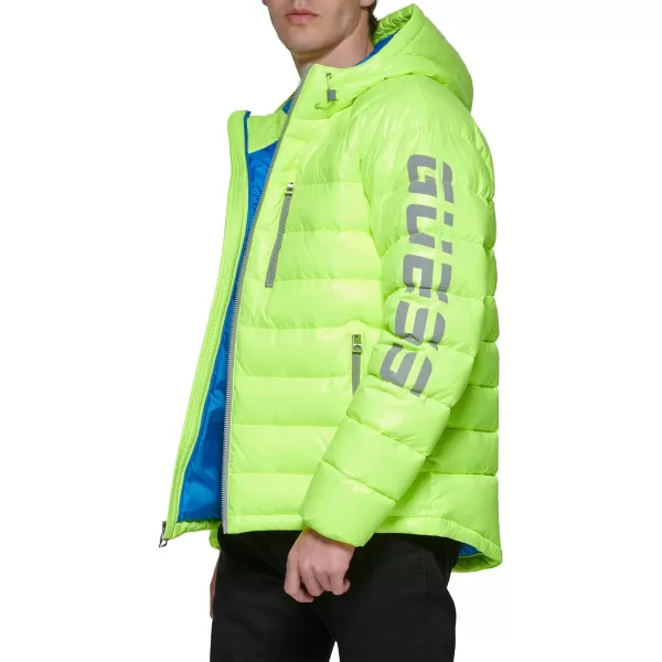 GUESS mens Long Sleeve Midweight Hooded PufferNeon Yellow