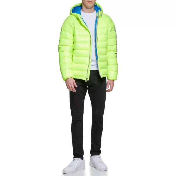 GUESS mens Long Sleeve Midweight Hooded PufferNeon Yellow