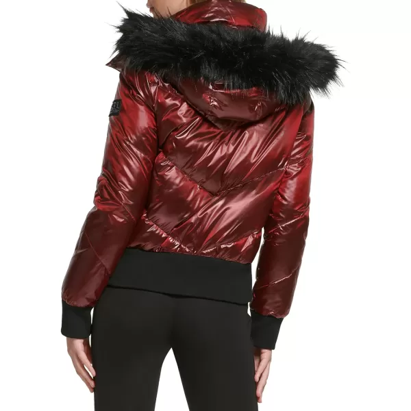 Karl Lagerfeld Paris Womens Knit Cuff Faux Fur Trim JacketRed