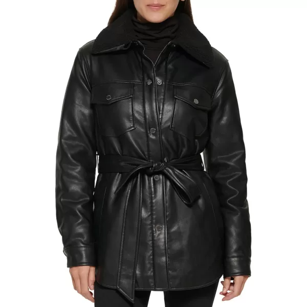 Kenneth Cole Womens Sherpa Lined Collar Shacket with BeltBlack