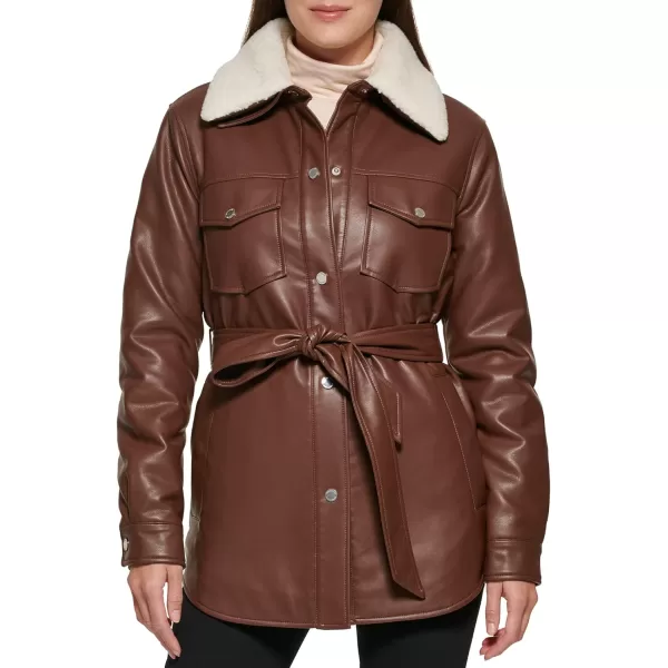 Kenneth Cole Womens Sherpa Lined Collar Shacket with BeltChocolate