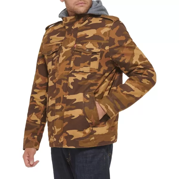 Levis Mens Washed Cotton Hooded Military Jacket Regular  Big  Tall SizesBrown CamoSherpa Lined