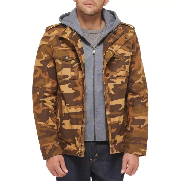 Levis Mens Washed Cotton Hooded Military Jacket Regular  Big  Tall SizesBrown CamoSherpa Lined