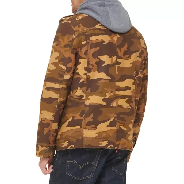 Levis Mens Washed Cotton Hooded Military Jacket Regular  Big  Tall SizesBrown CamoSherpa Lined