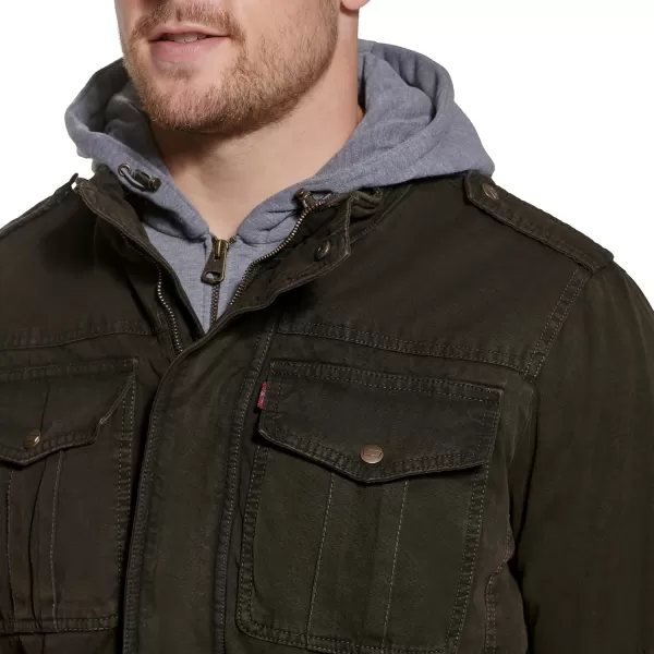 Levis Mens Washed Cotton Hooded Military Jacket Regular  Big  Tall SizesDark BrownSherpa Lined