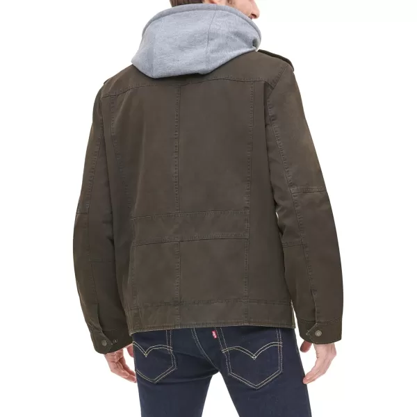 Levis Mens Washed Cotton Hooded Military Jacket Regular  Big  Tall SizesDark BrownSherpa Lined