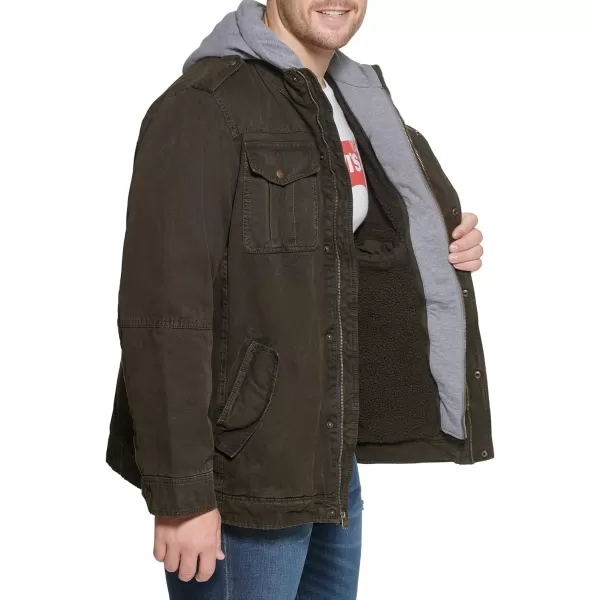 Levis Mens Washed Cotton Hooded Military Jacket Regular  Big  Tall SizesDark BrownSherpa Lined