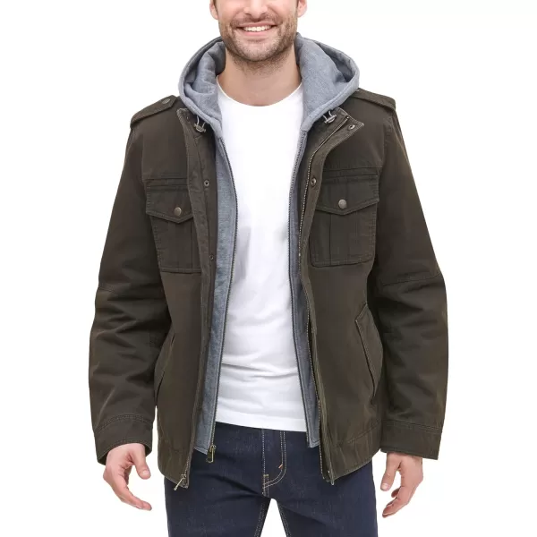 Levis Mens Washed Cotton Hooded Military Jacket Regular  Big  Tall SizesDark BrownSherpa Lined