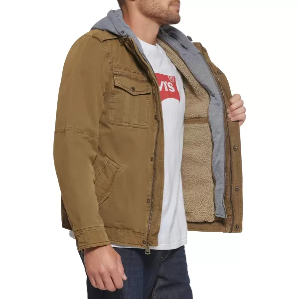 Levis Mens Washed Cotton Hooded Military Jacket Regular  Big  Tall SizesKhakiSherpa Lined