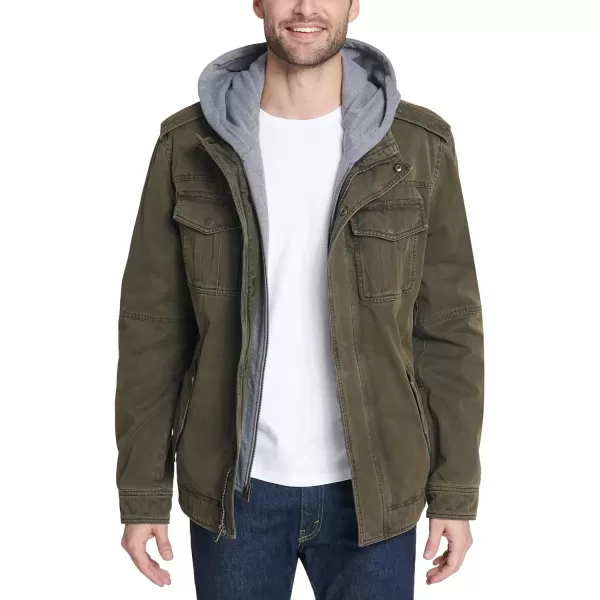 Levis Mens Washed Cotton Hooded Military Jacket Regular  Big  Tall SizesOliveQuilted Lining