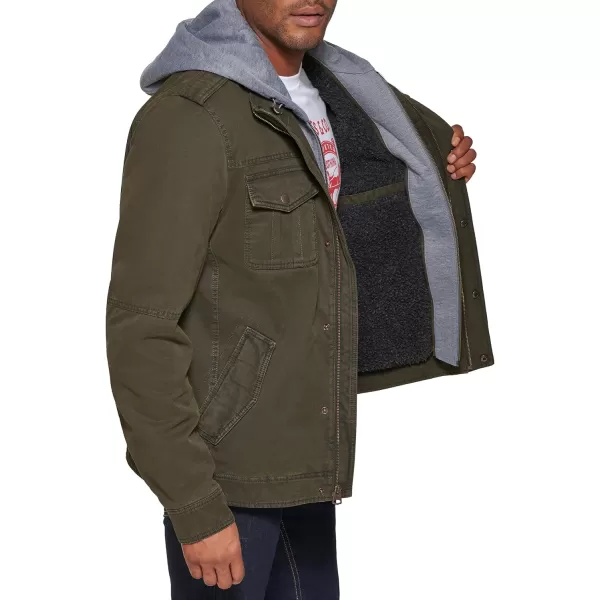 Levis Mens Washed Cotton Hooded Military Jacket Regular  Big  Tall SizesOliveSherpa Lined