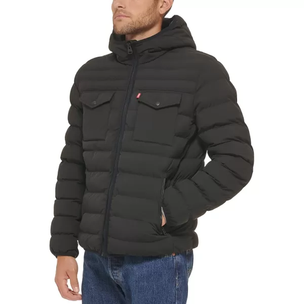 Levis Mens Water Resistant Performance Stretch Hooded Puffer JacketBlack