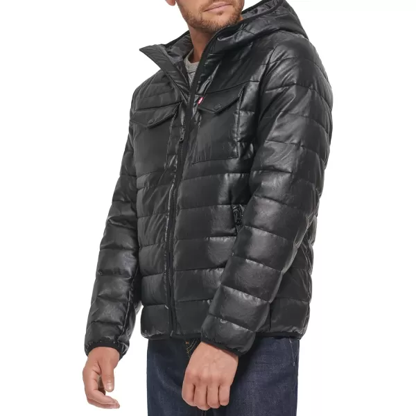 Levis Mens Water Resistant Performance Stretch Hooded Puffer JacketBlack Faux Leather