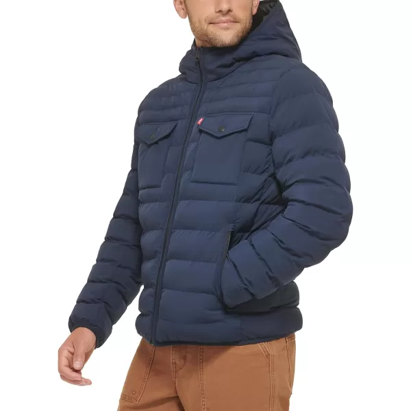 Levis Mens Water Resistant Performance Stretch Hooded Puffer JacketNavy